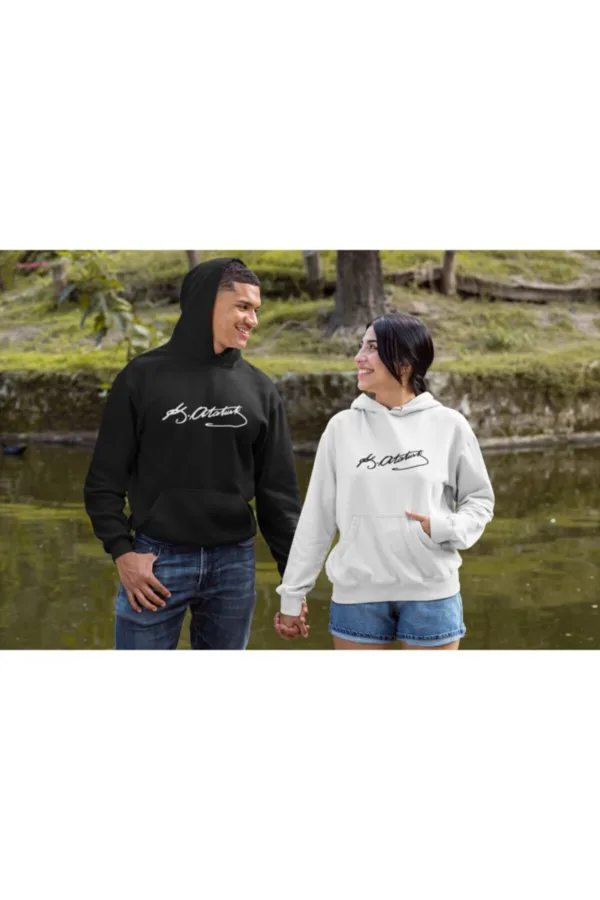 Sevgili Çift Kombinleri Atatürk Imza Siyah Ve Beyaz Kapüşonlu Sweatshirt - XL-alttext1