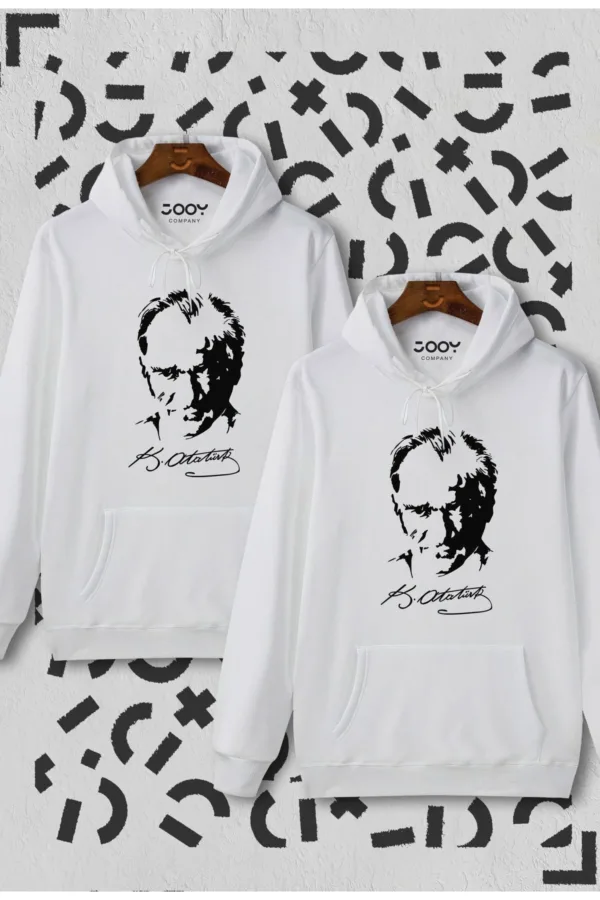 Sevgili Çift Kombinleri Atatürk Siluet Beyaz Kapüşonlu Sweatshirt 2'li Set - M-alttext1
