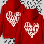 Sevgili Çift Kombinleri Manifest More Love Baskılı 2 Ürün Kırmızı Hoodie Kapüşonlu Sweatshirt - L-alttext1