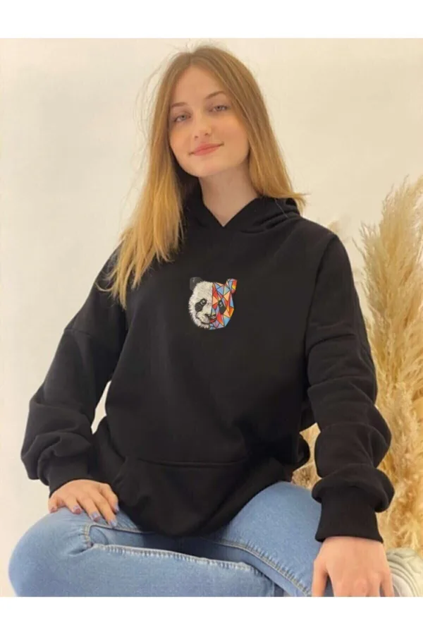 Sevgili Çift Kombinleri Panda Tasarım 2 Ürün Siyah Kapüşonlu Sweatshirt - XL-alttext4