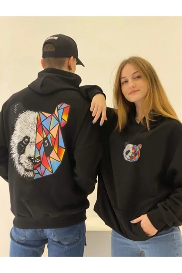 Sevgili Çift Kombinleri Panda Tasarım 2 Ürün Siyah Kapüşonlu Sweatshirt - XL-alttext1