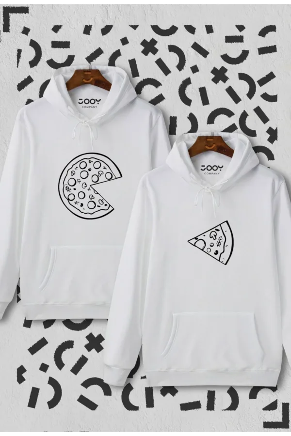 Sevgili Çift Kombinleri Pizza Slice 2 Ürün Beyaz Kapüşonlu Hoodie Sweatshirt - M/XL-alttext1