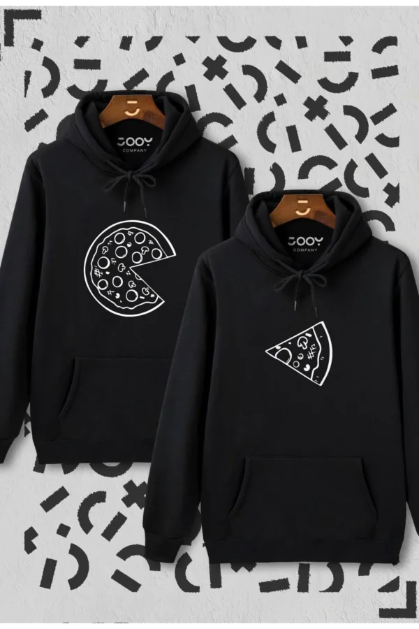 Sevgili Çift Kombinleri Pizza Slice 2 Ürün Siyah Kapüşonlu Hoodie Sweatshirt - XL-alttext1