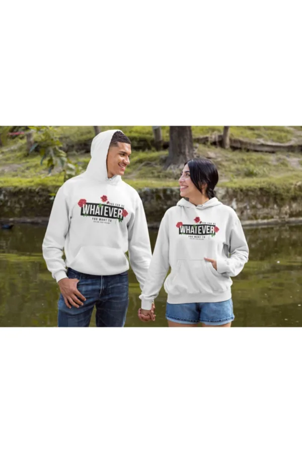 Sevgili Çift Kombinleri Whatever 2 Ürün Beyaz Kapüşonlu Sweatshirt - XL-alttext3
