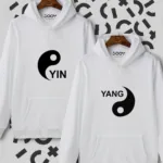 Sevgili Çift Kombinleri Yin Yang 2 Ürün Beyaz Kapüşonlu Sweatshirt - M-alttext1