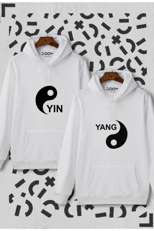 Sevgili Çift Kombinleri Yin Yang 2 Ürün Beyaz Kapüşonlu Sweatshirt - M-alttext1