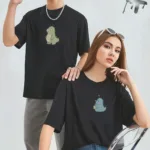 Sevimli Dinazor Tasarım Çift Kombini Siyah Oversize Tshirt 2'li Set - S-alttext1