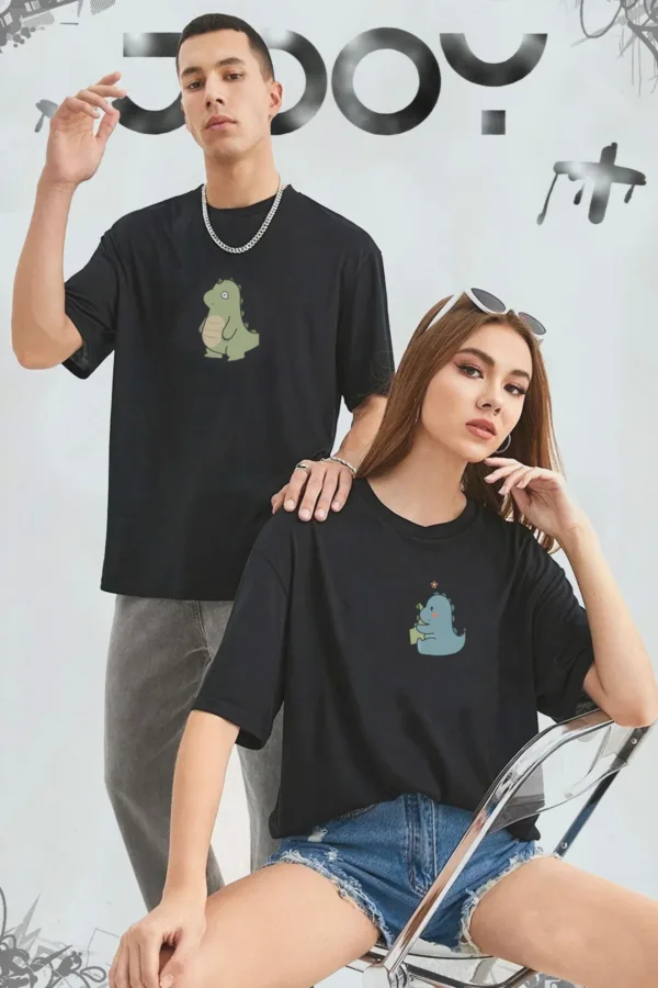 Sevimli Dinazor Tasarım Çift Kombini Siyah Oversize Tshirt 2'li Set - S-alttext1