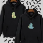 Sevimli Dinazor Tasarım Sevgili Çift Kombini Siyah Kapüşonlu Sweatshirt - S/M-alttext1