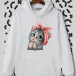 Sevimli Kedi Baskılı Beyaz Kapüşonlu Sweatshirt - XL-alttext1