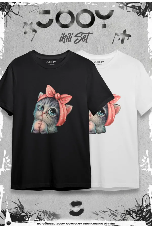 Sevimli Kedi Baskılı Oversize Geniş Kalıp T-Shirt Siyah Beyaz 2'li Set - L-alttext2