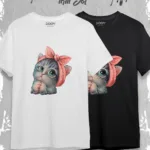 Sevimli Kedi Baskılı Oversize Geniş Kalıp T-Shirt Siyah Beyaz 2'li Set - L-alttext1