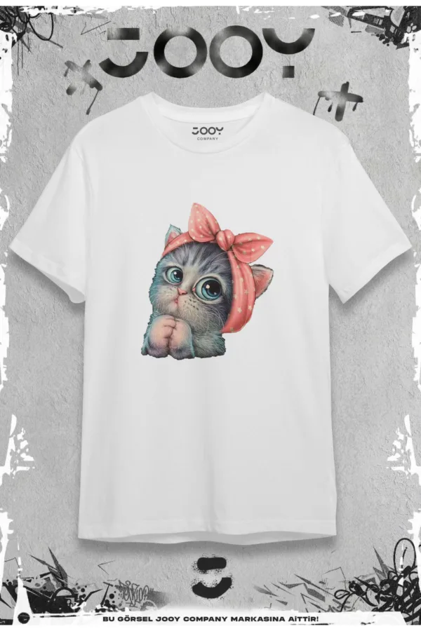 Sevimli Kedi Baskılı Oversize Geniş Kalıp T-Shirt Siyah Beyaz 2'li Set - L-alttext3