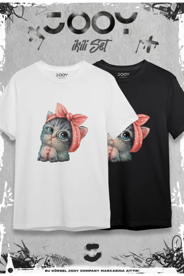 Sevimli Kedi Baskılı Oversize Geniş Kalıp T-Shirt Siyah Beyaz 2'li Set - L-alttext1