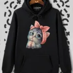 Sevimli Kedi Baskılı Siyah Kapüşonlu Sweatshirt - S-alttext1