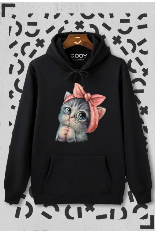 Sevimli Kedi Baskılı Siyah Kapüşonlu Sweatshirt