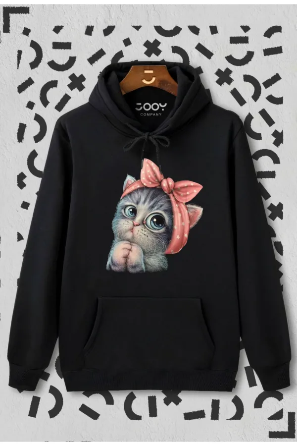Sevimli Kedi Baskılı Siyah Kapüşonlu Sweatshirt - S-alttext1