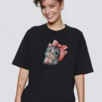 Sevimli Kedi Baskılı Siyah Oversize Tshirt - XL-alttext1
