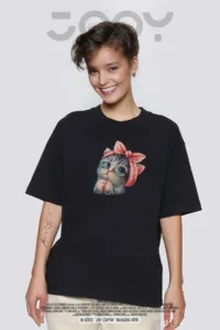 Sevimli Kedi Baskılı Siyah Oversize Tshirt-alttext1