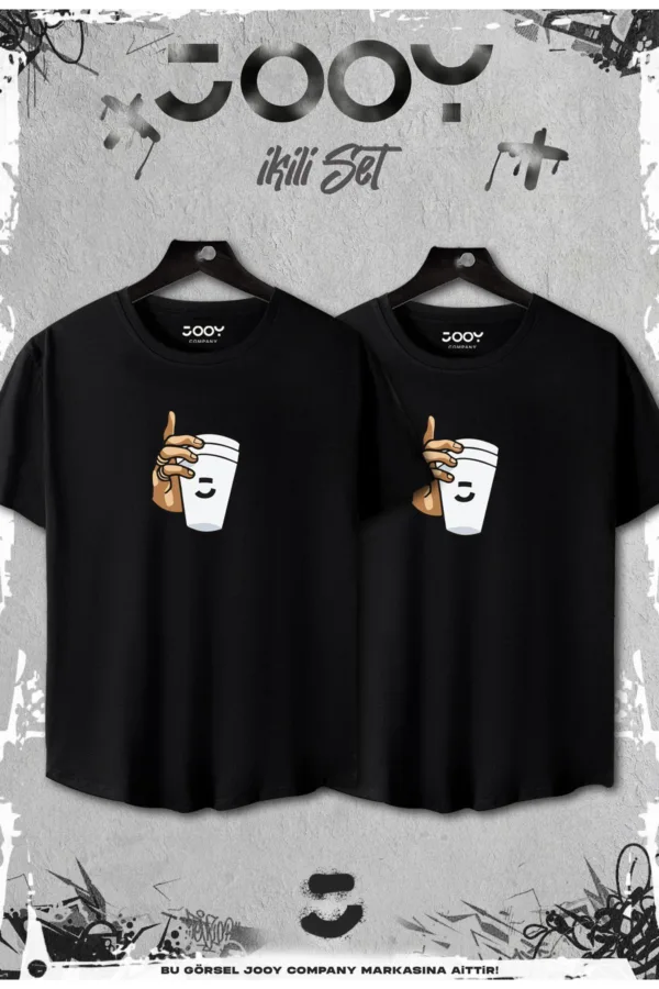 Siyah 2'li Set Bardak Baskılı Slim Fit Oval Kesim Tshirt - XL-alttext1