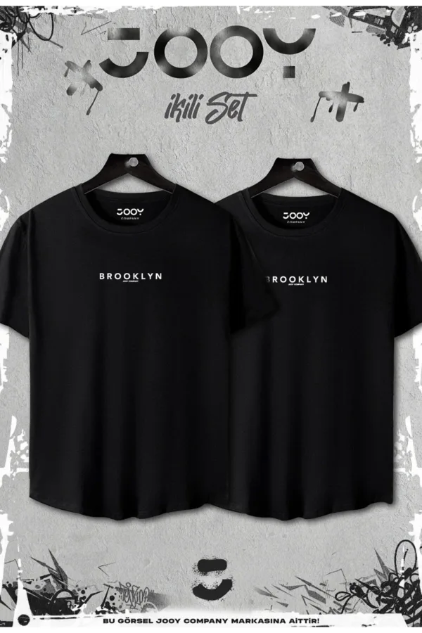 Siyah 2'li Set Brooklyn Baskılı Slim Fit Oval Kesim Tshirt - XL-alttext1