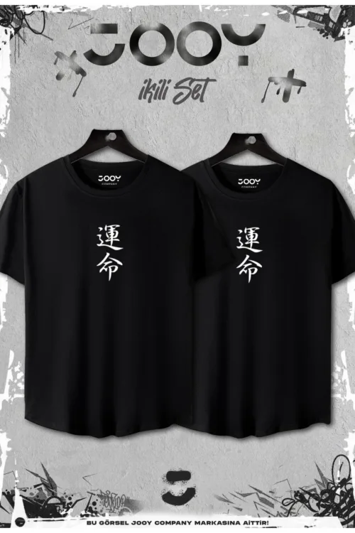 Siyah 2’li Set Japonca Baskılı Slim Fit Oval Kesim Tshirt