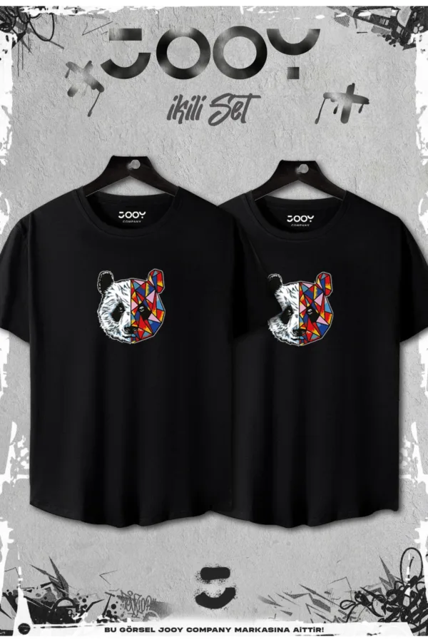 Siyah 2'li Set Panda Baskılı Slim Fit Oval Kesim Tshirt - L-alttext1