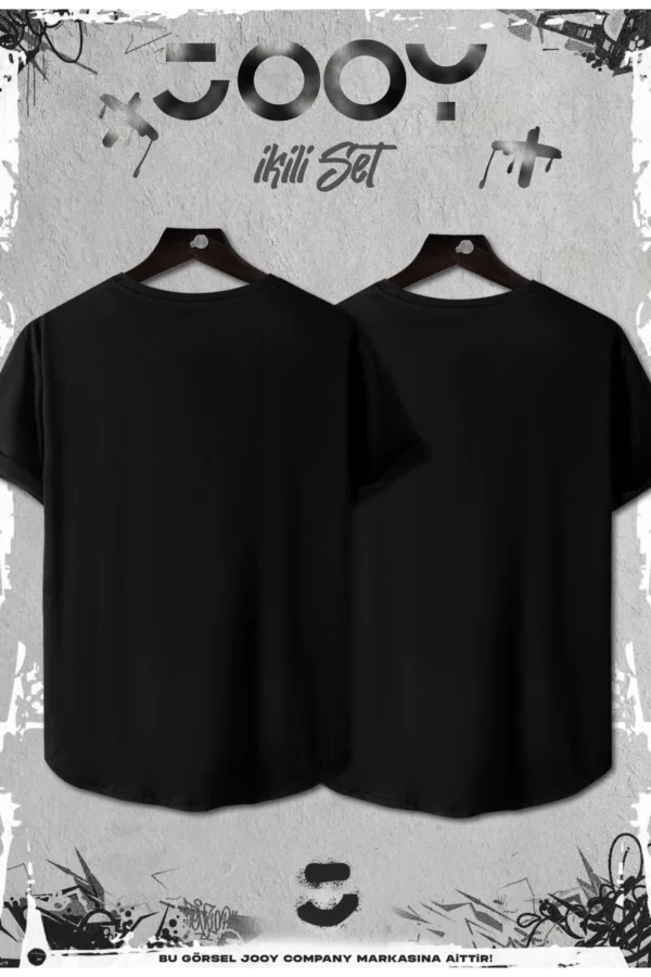 Siyah 2'li Set Tüy Baskılı Slim Fit Oval Kesim Tshirt - L-alttext2