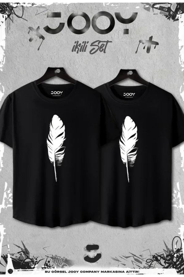 Siyah 2'li Set Tüy Baskılı Slim Fit Oval Kesim Tshirt - L-alttext1