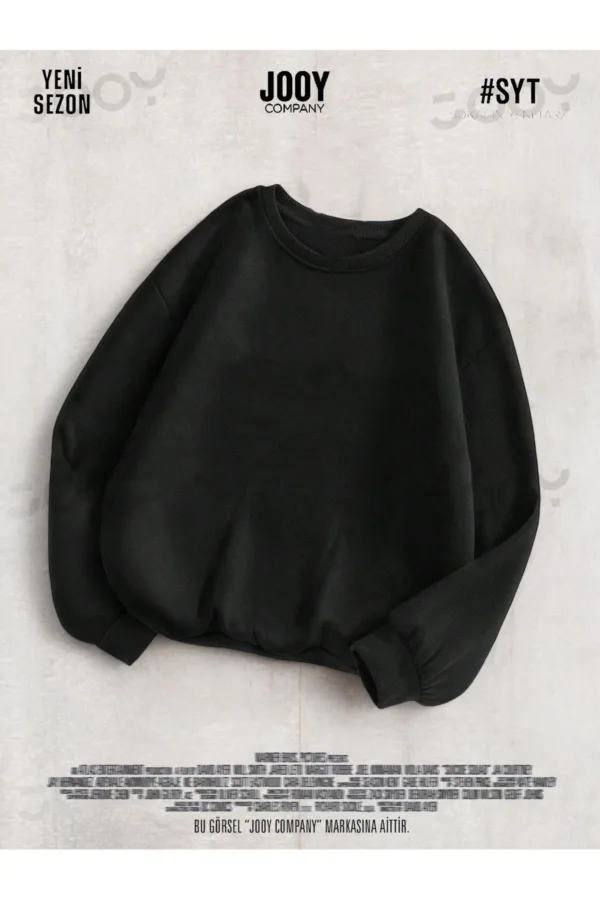 Siyah 3 iplik Bisiklet Yaka Düz Baskısız Basic Sweatshirt - L-alttext1