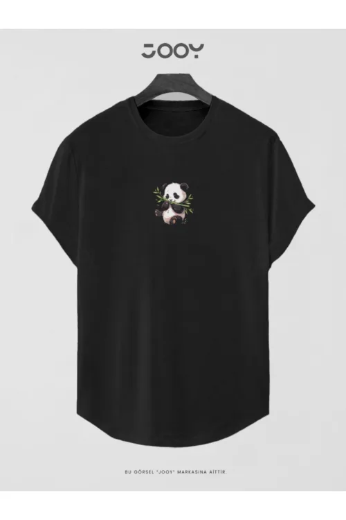 Siyah Bambu Panda Baskılı Slim Fit Oval Kesim T-Shirt