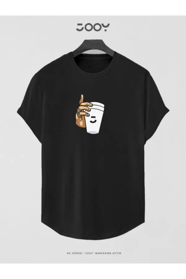 Siyah Bardak Baskılı Slim Fit Oval Kesim T-Shirt - 2XL-alttext1