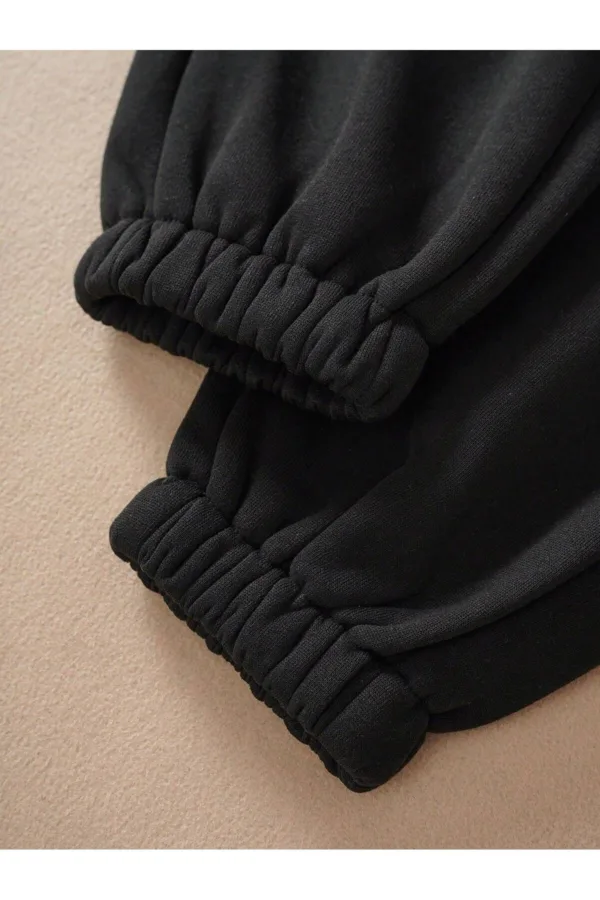 Siyah Bel Paça Lastikli 3 İplik Kalın Pamuklu Kadın Jogger Eşofman Altı - M-alttext6