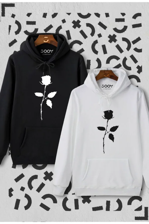 Siyah Beyaz Gül Baskılı Kapüşonlu Sweatshirt 2'li Set - M-alttext1