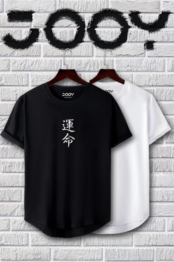 Siyah Beyaz Japonca Destiny Baskılı Slim Fit Tshirt 2'li Set - L-alttext1