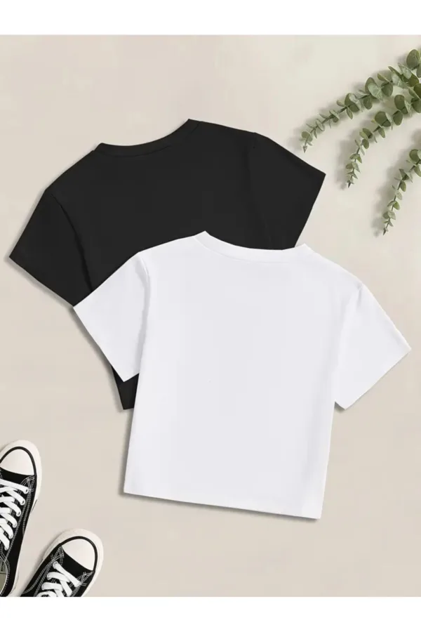 Siyah Beyaz Likralı Kısa Kol Vücuda Oturan Fitted Crop T-Shirt 2'li Set - XL-alttext2