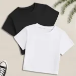 Siyah Beyaz Likralı Kısa Kol Vücuda Oturan Fitted Crop T-Shirt 2'li Set - XL-alttext1