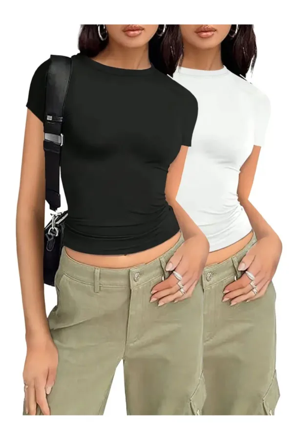 Siyah Beyaz Likralı Kısa Kol Vücuda Oturan Fitted Crop T-Shirt 2'li Set - XL-alttext3