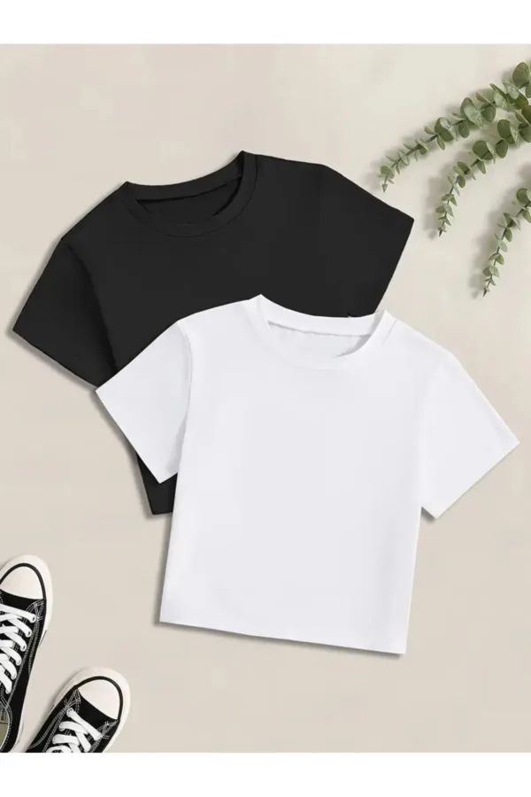 Siyah Beyaz Likralı Kısa Kol Vücuda Oturan Fitted Crop T-Shirt 2'li Set - XL-alttext1