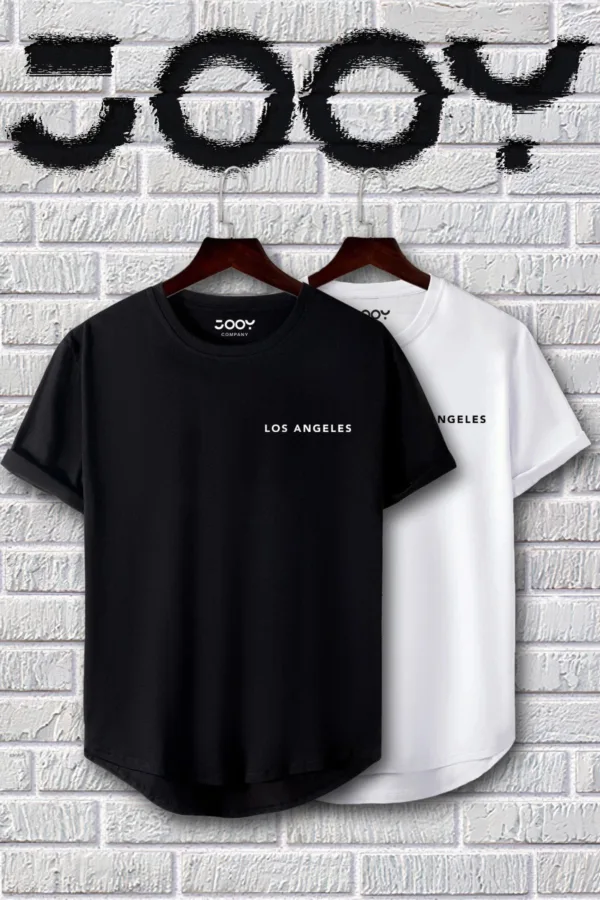 Siyah Beyaz Los Angeles Baskılı Slim Fit Tshirt Ikili Set - L-alttext1