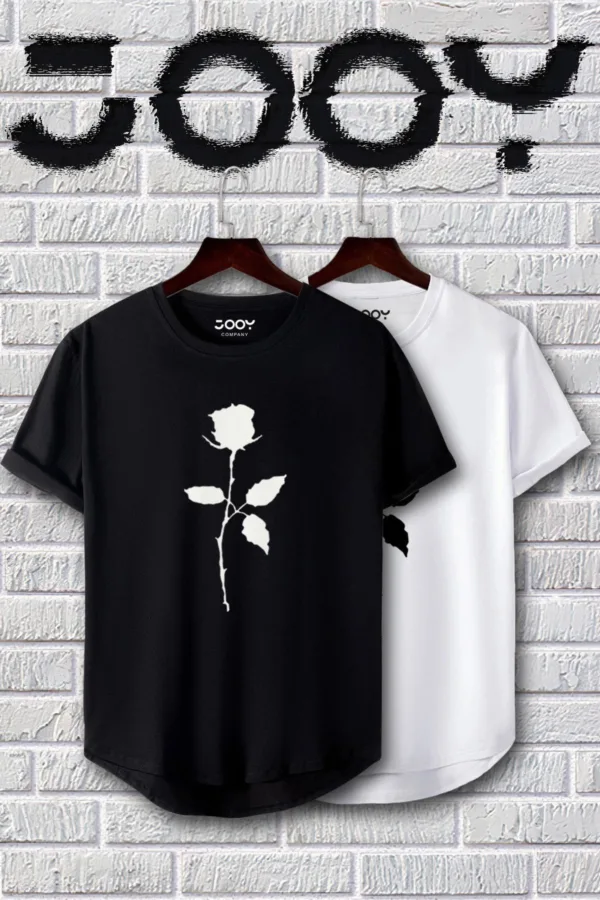 Siyah Beyaz Oval Kesim Gül Tasarım Tshirt 2'li Set - S-alttext2