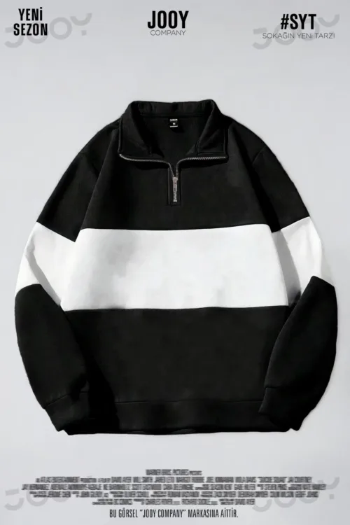 Siyah Beyaz Parçalı Yarım Fermuarlı 3 Iplik Sweatshirt