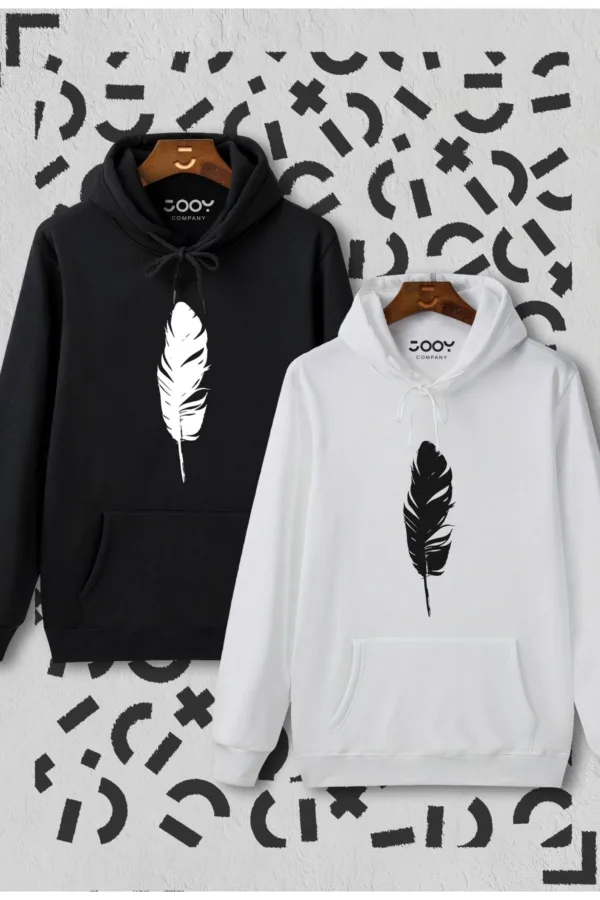 Siyah Beyaz Tüy Baskılı Kapüşonlu Sweatshirt 2'li Set - XL-alttext1