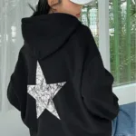Siyah Beyaz Yıldız Baskılı Kadın Kapüşonlu Sweatshirt - XL-alttext1