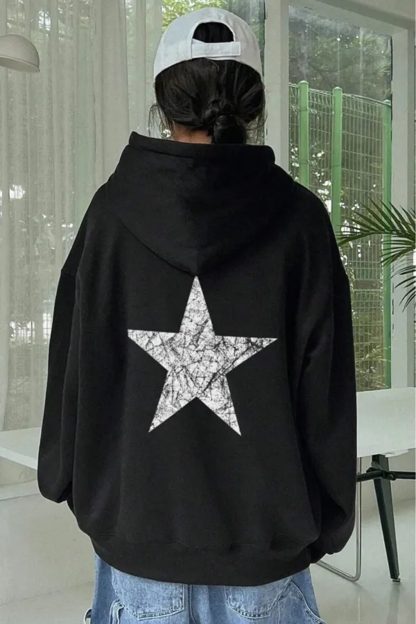 Siyah Beyaz Yıldız Baskılı Kadın Kapüşonlu Sweatshirt - XL-alttext3