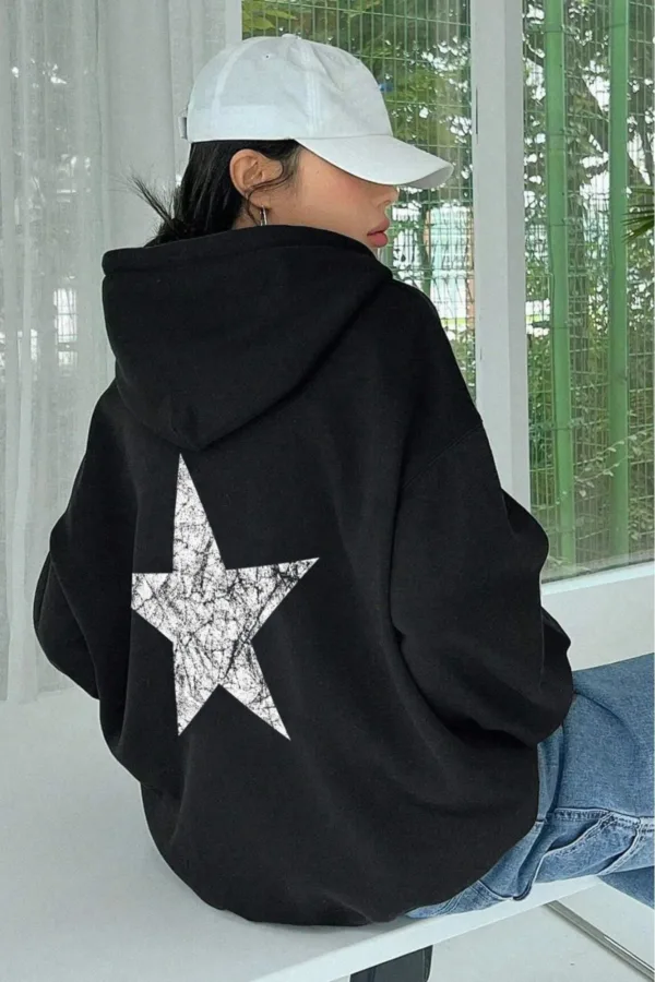 Siyah Beyaz Yıldız Baskılı Kadın Kapüşonlu Sweatshirt - XL-alttext1