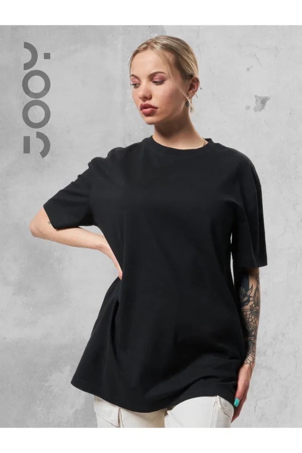 Siyah Bisiklet Yaka Oversize Boyfriend Basic Tshirt - XL-alttext1