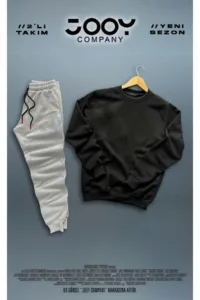 Siyah Bisiklet Yaka Sweatshirt Gri Eşofman Altı Takım 2'li Kombin-alttext1