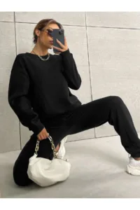 Siyah Bisiklet Yaka Sweatshirt Siyah Alt 3 İplik Kadın Eşofman Takımı-alttext1