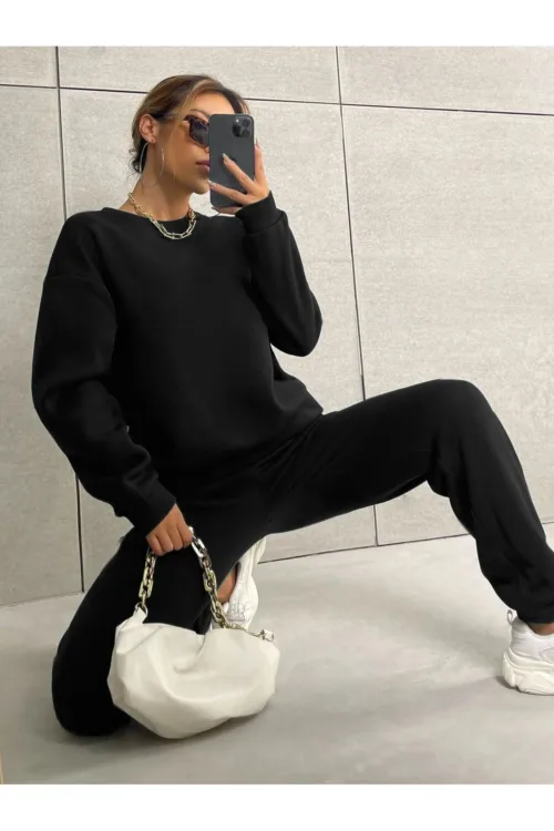 Siyah Bisiklet Yaka Sweatshirt Siyah Alt 3 İplik Kadın Eşofman Takımı
